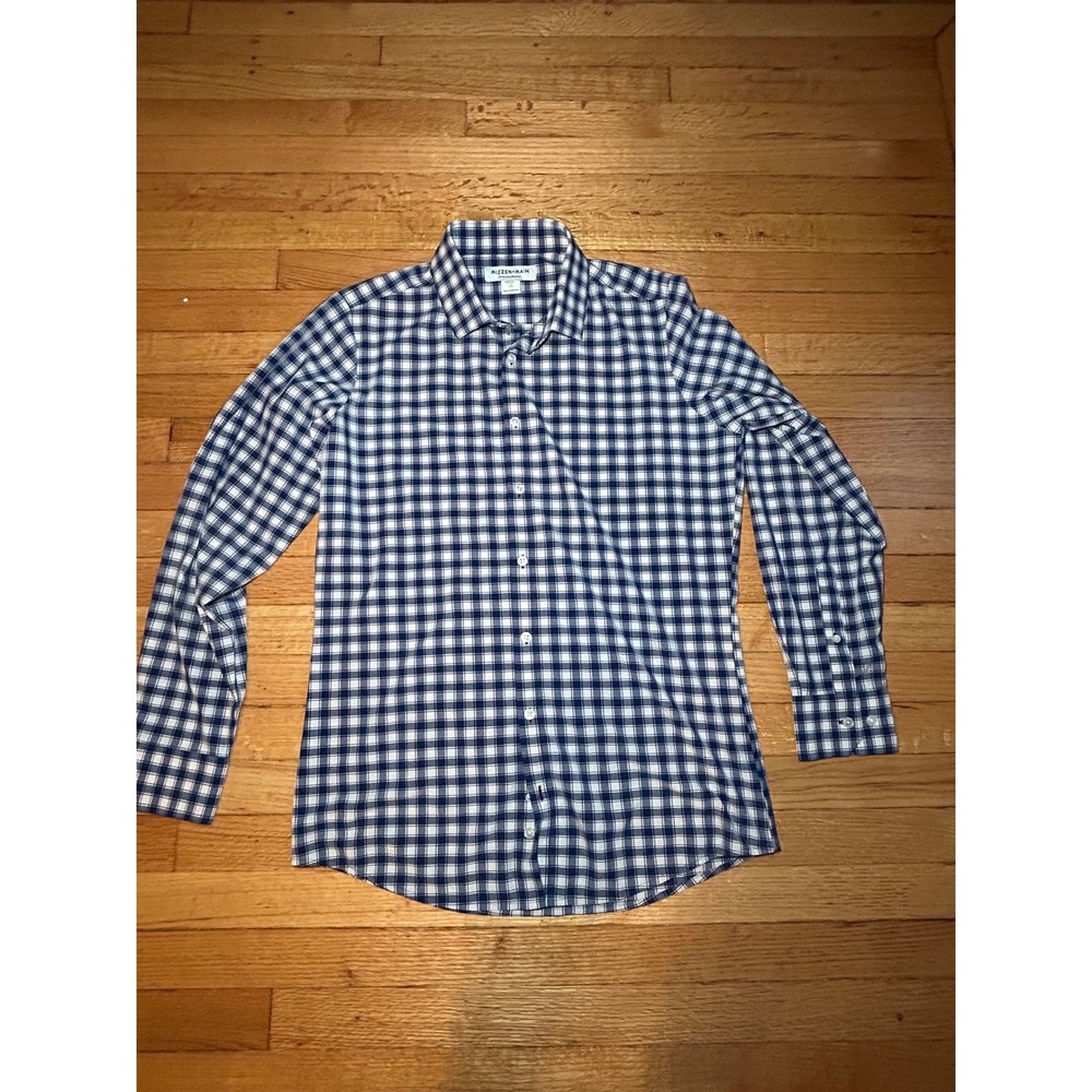 Mizzen+Main Performance Dress Shirt Mens Medium Trim Blue Gingham LWL-S20-41010